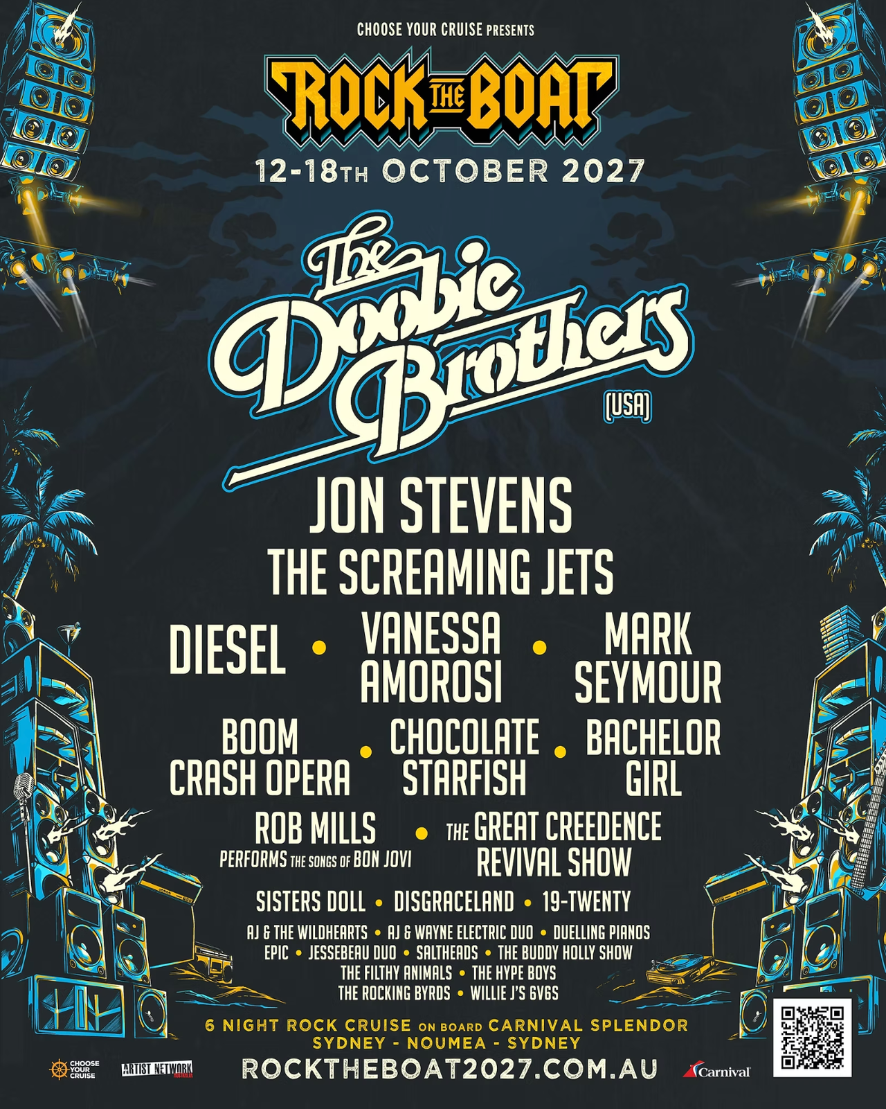 Rock the Boat 2027 cruise poster featuring headliners The Doobie Brothers, Jon Stevens, and The Screaming Jets.